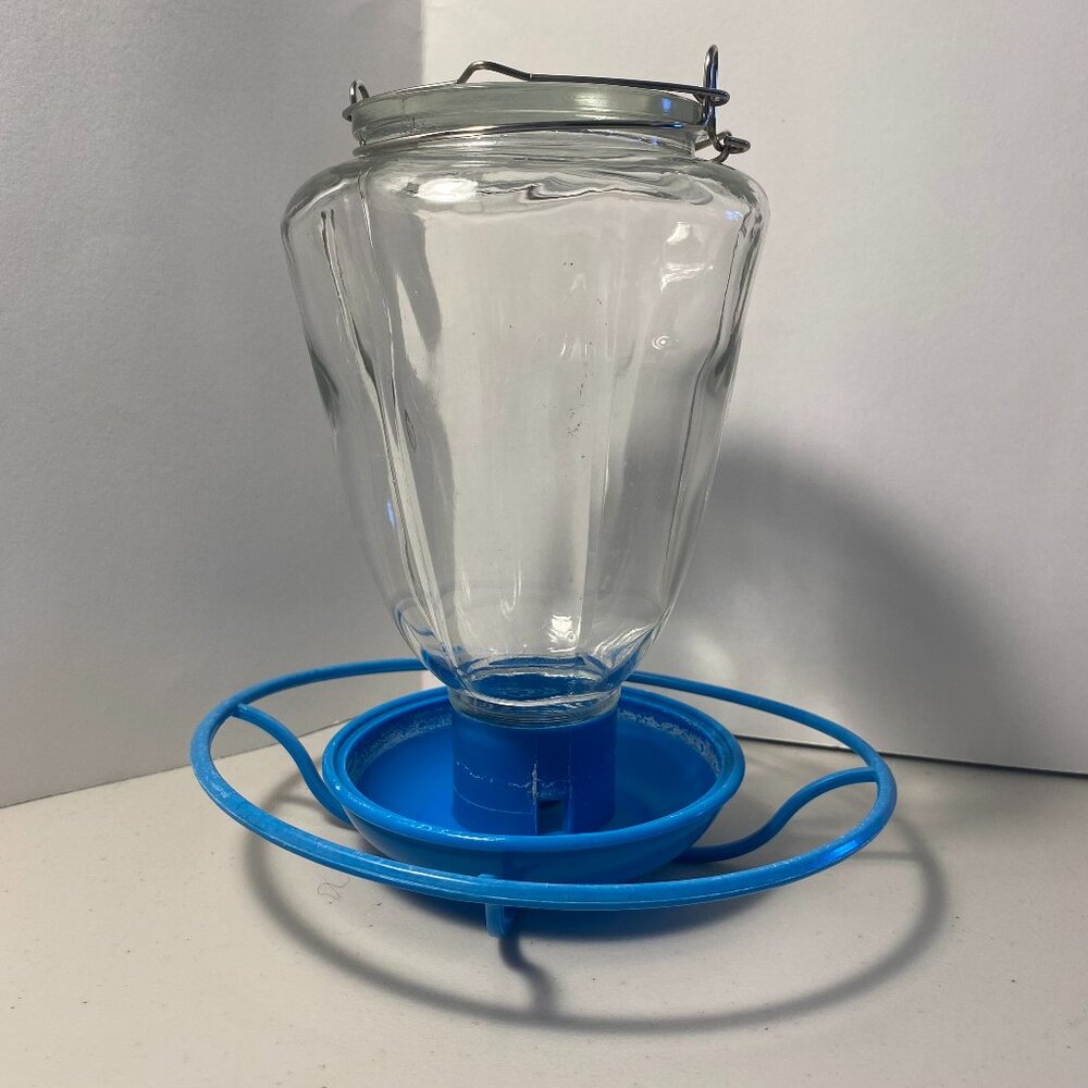 Wild Bird Water Feeder 32oz (4 Cups) Clear Glass Jar + Blue Plastic Dish/Perch